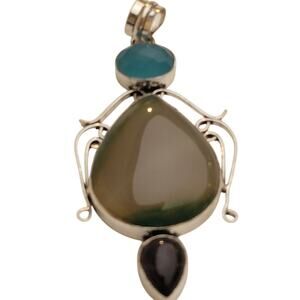 Sterling Silver Pendant with Green Chalcedony, Amethyst, and Blue Topaz Stones